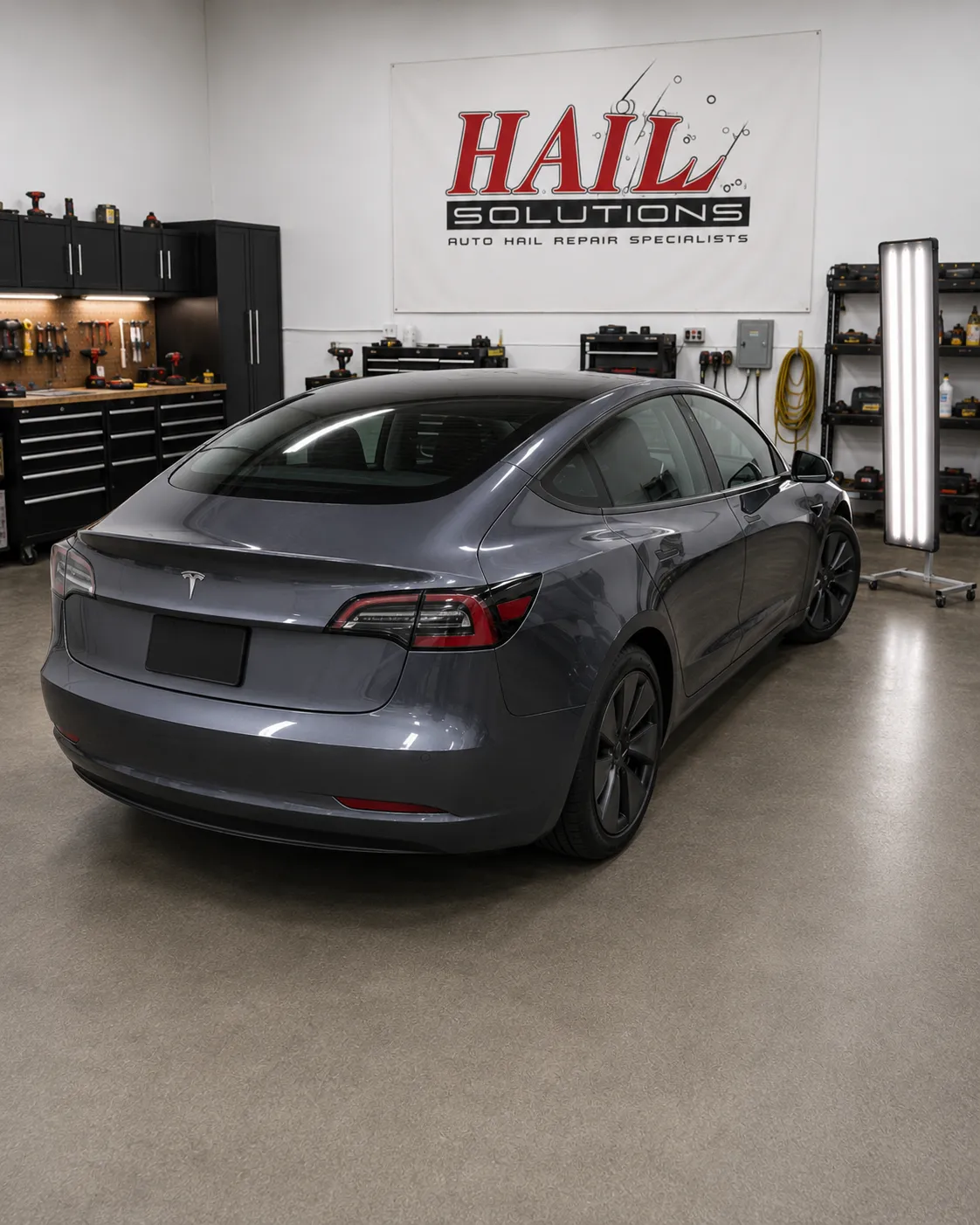 2023 Tesla Model 3 — Midnight Silver Metallic hail damage repair in Leawood, KS
