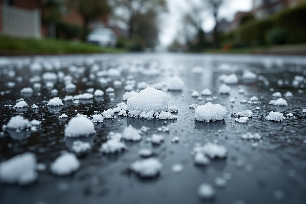 Hailstones scattered across a wet residential street after a storm
