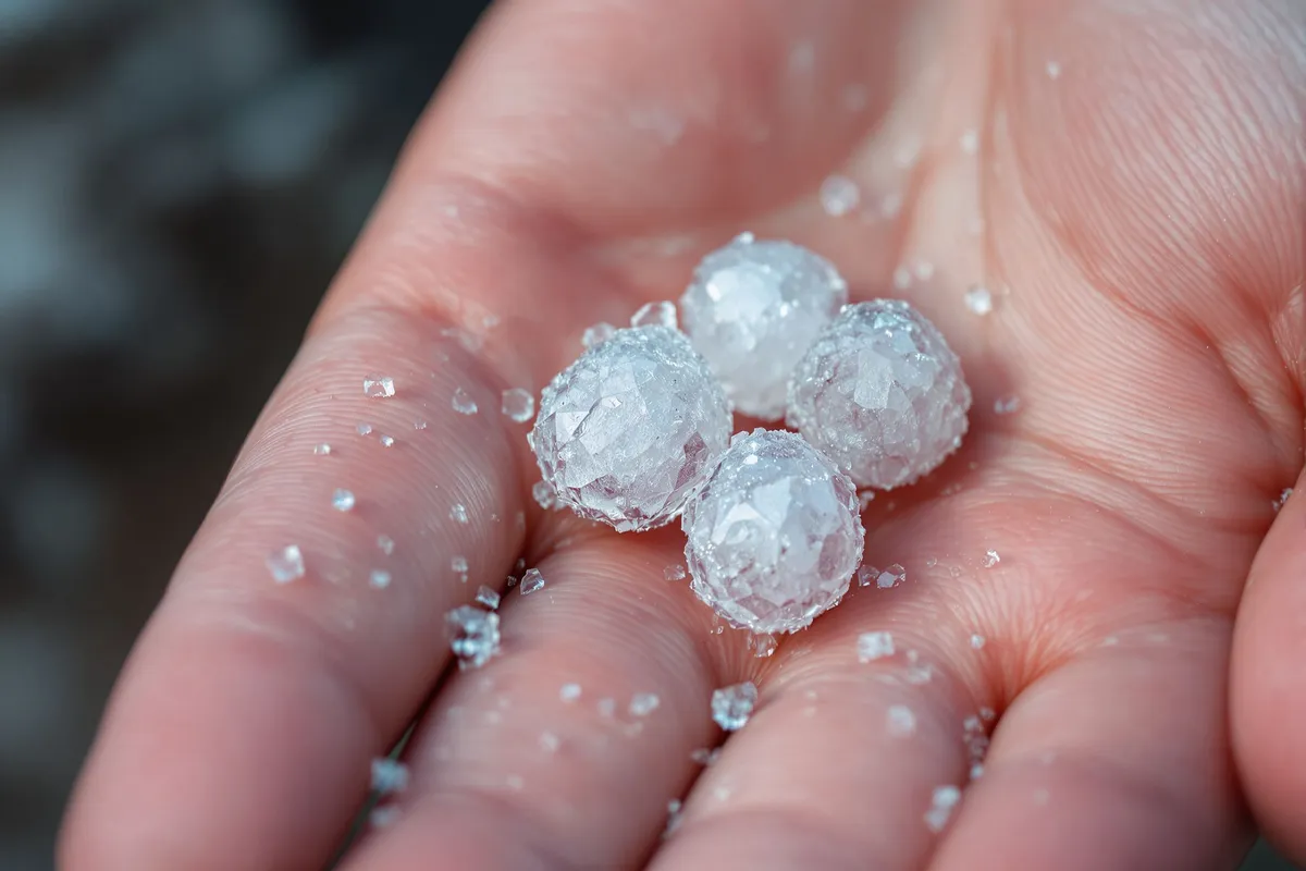Hailstones of different sizes resting in a hand for scale
