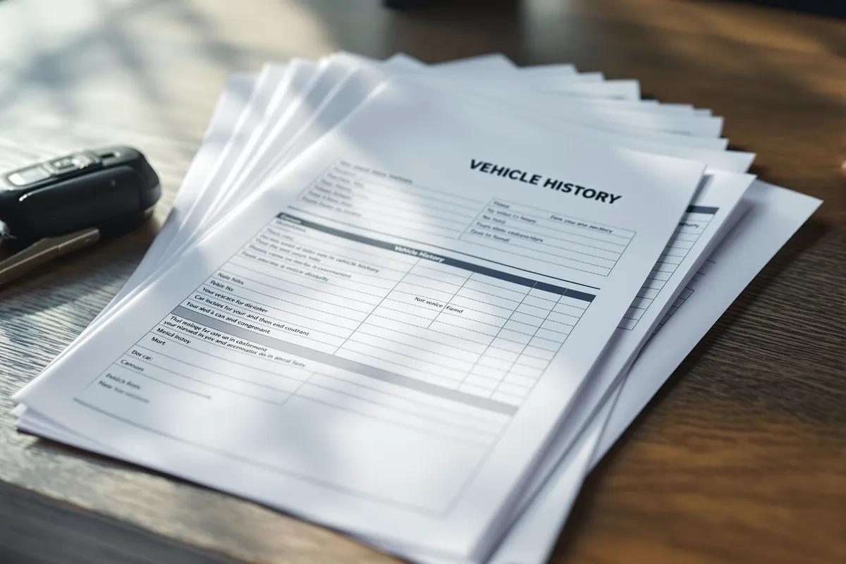A vehicle history document and car keys on a desk