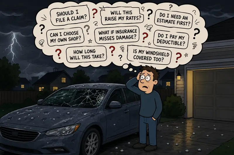 Kansas City driver reviewing hail damage insurance questions before filing a claim