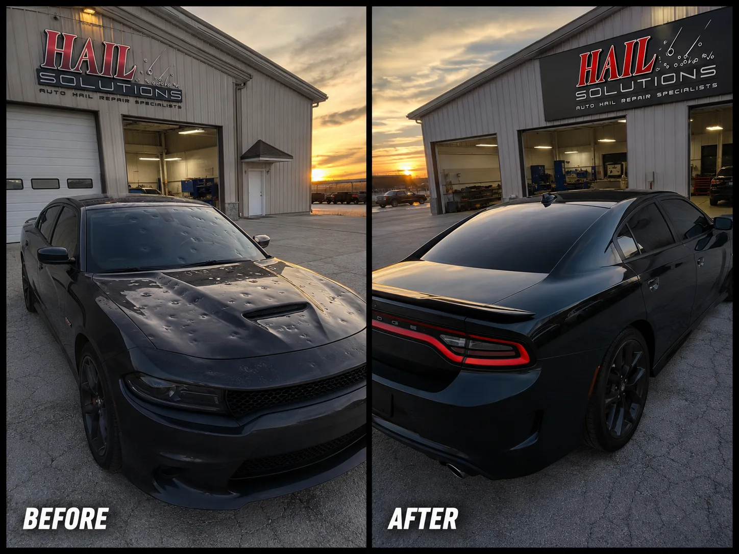 Black Dodge Charger with hail damage smoothed out by paintless dent repair, restored at our Olathe shop
