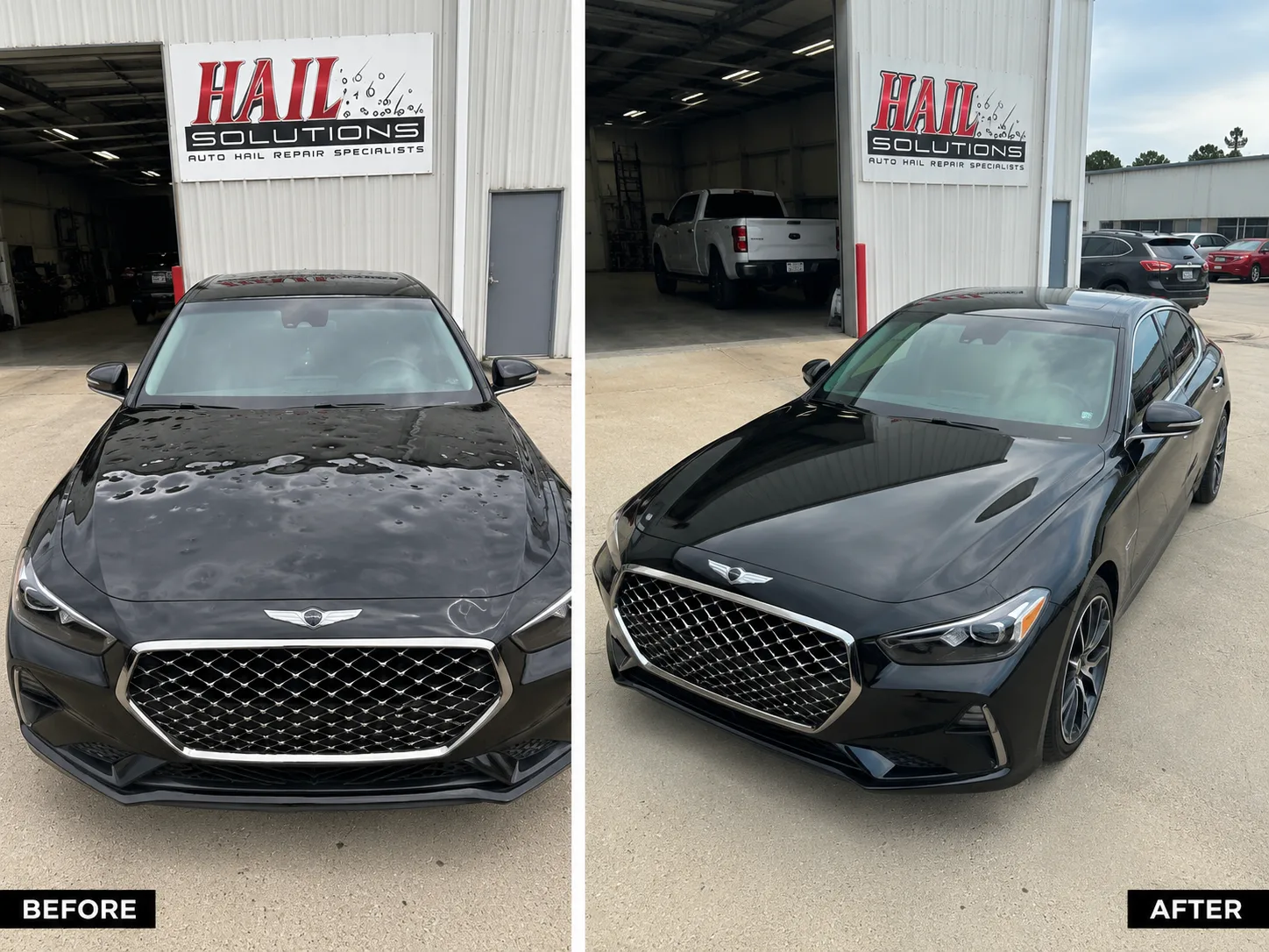 Black Genesis G70 with a hail-dimpled roof and hood restored at our Olathe shop
