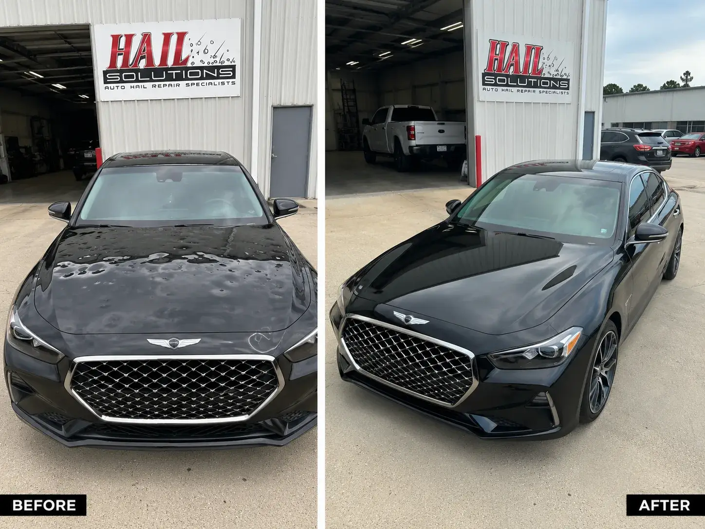 Black Genesis G70 with 300-plus severe hail dents restored by paintless dent repair at the Olathe shop