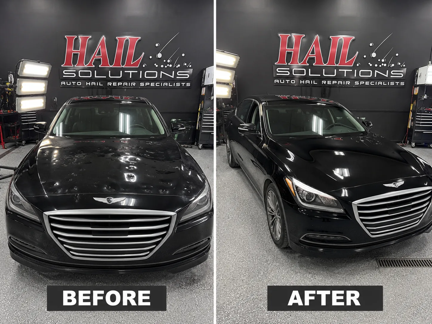 Black Genesis G80 with a hail-dimpled roof and trunk, before and after paintless dent repair, restored at our Olathe shop