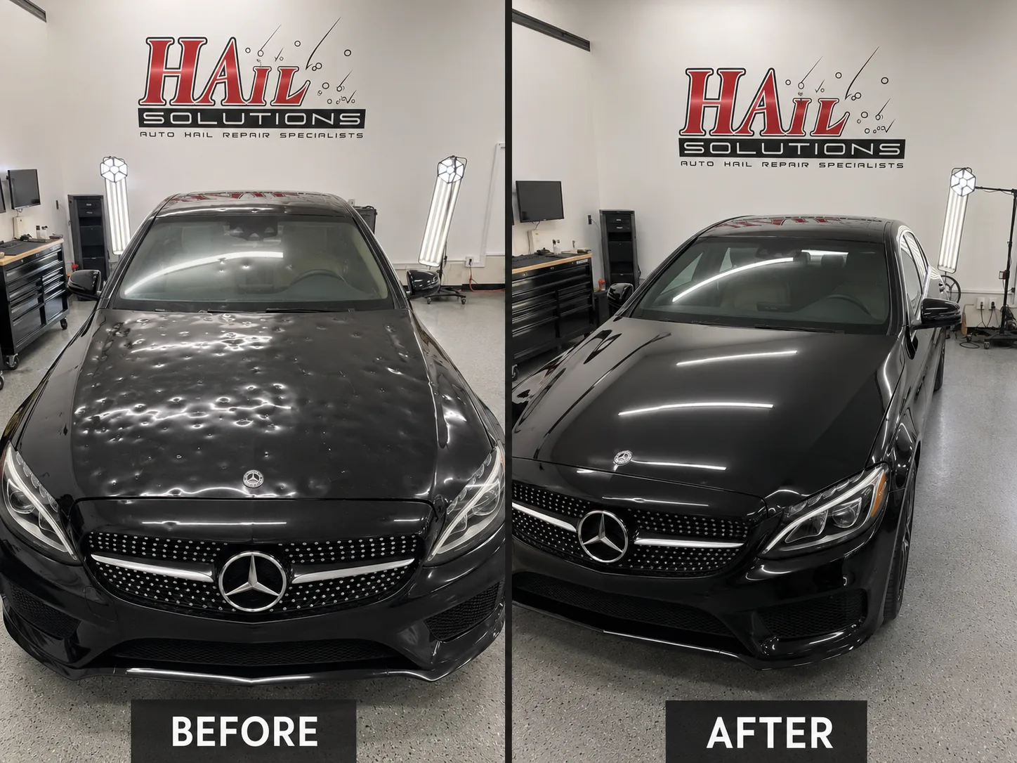 Black Mercedes C-Class with hail dents on the hood and roof, restored at our Olathe shop with paintless dent repair