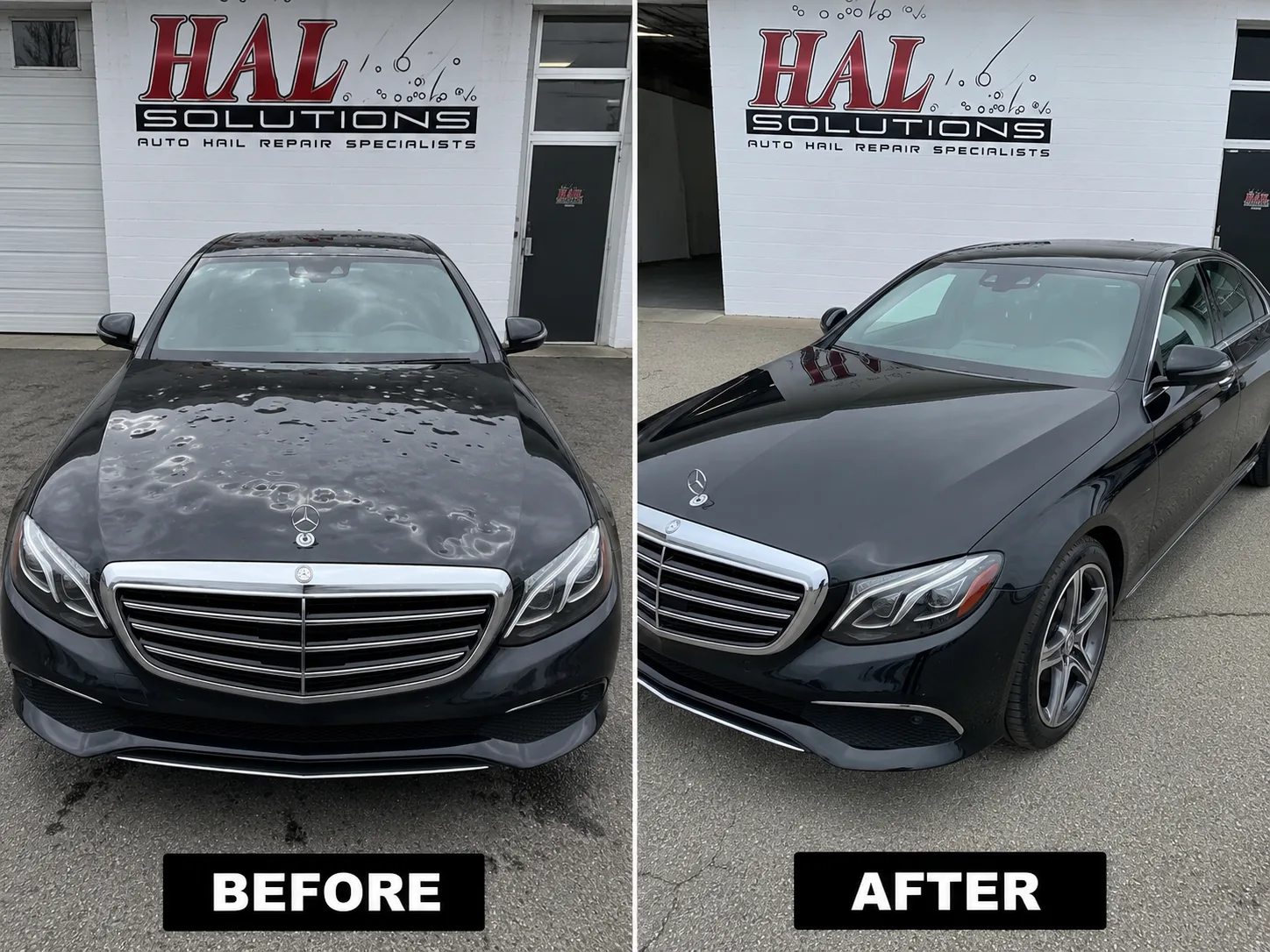 Black Mercedes E-Class with hail dents across the hood and roof, before and after paintless dent repair for an Independence, MO driver