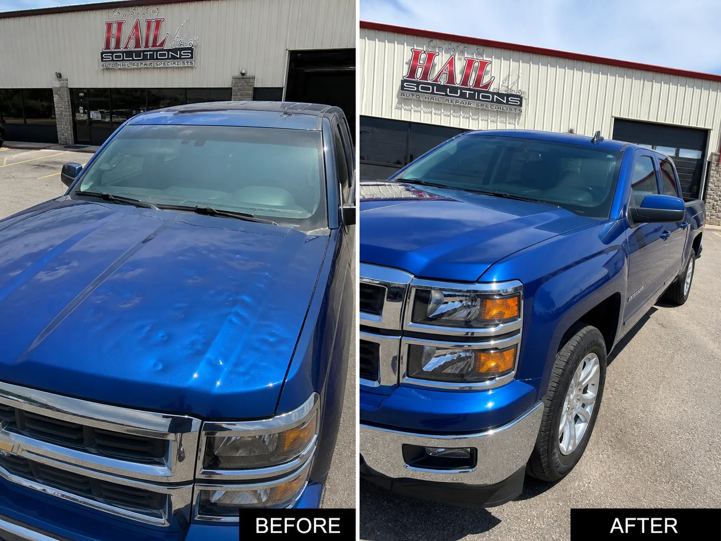Blue Chevrolet Silverado with hail dents across the hood and roof, before and after paintless dent repair for an Edgerton, KS driver