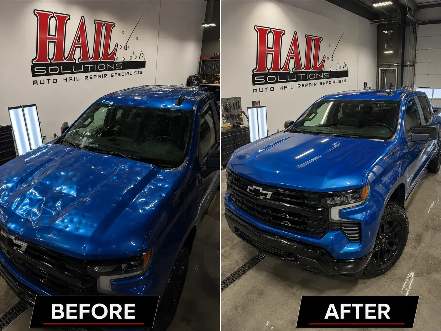 Blue Chevrolet Silverado with severe hail damage across hood and roof, restored without panel replacement in Olathe, KS