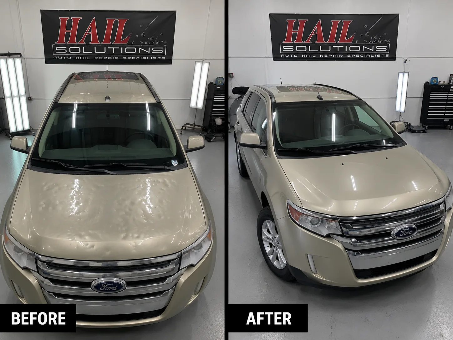 Gold Ford Edge SUV with hail damage smoothed out by paintless dent repair for an Oak Grove, MO driver