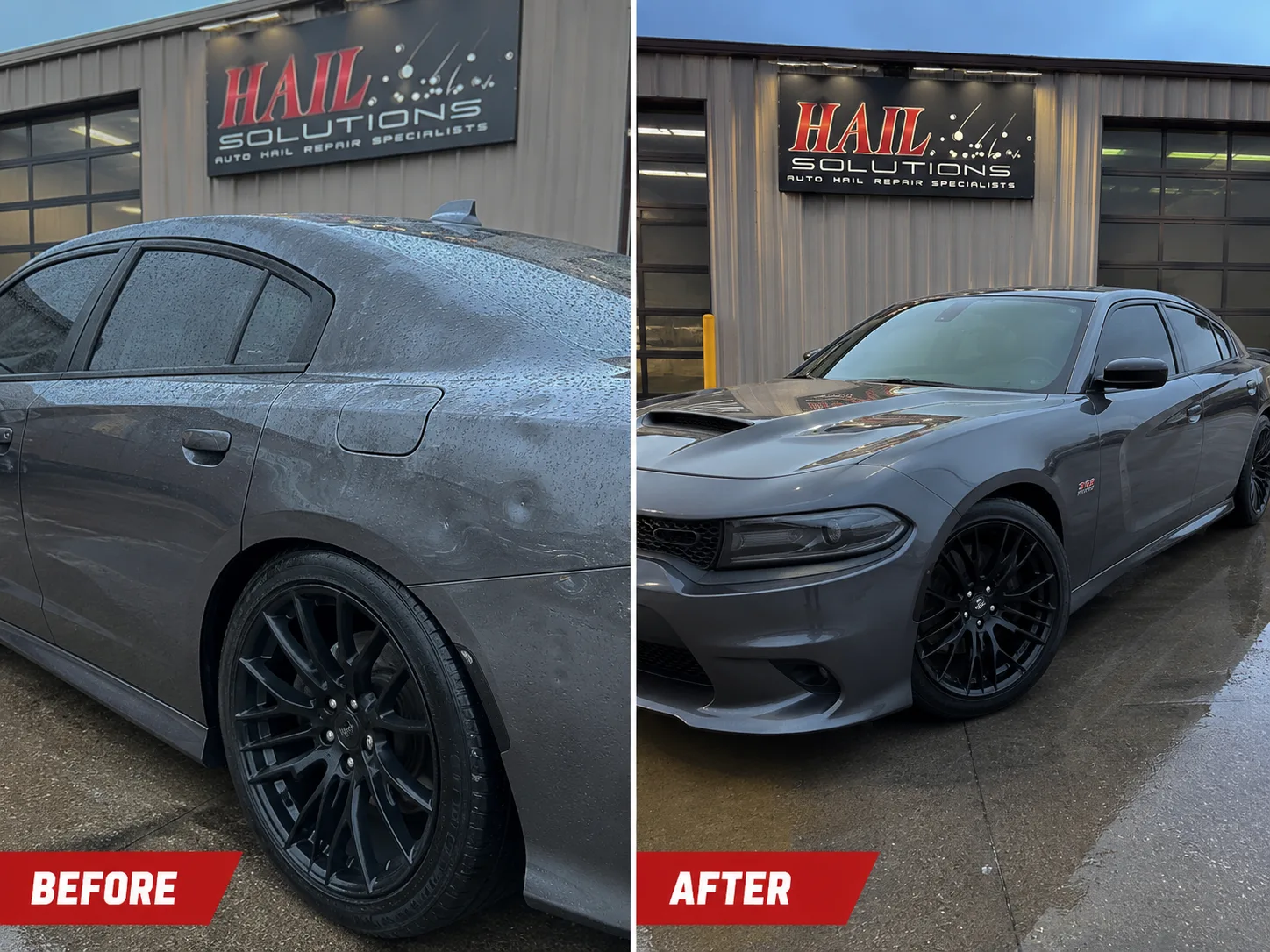 Gray Dodge Charger quarter panel dimpled by hail, restored by paintless dent repair at our Olathe shop