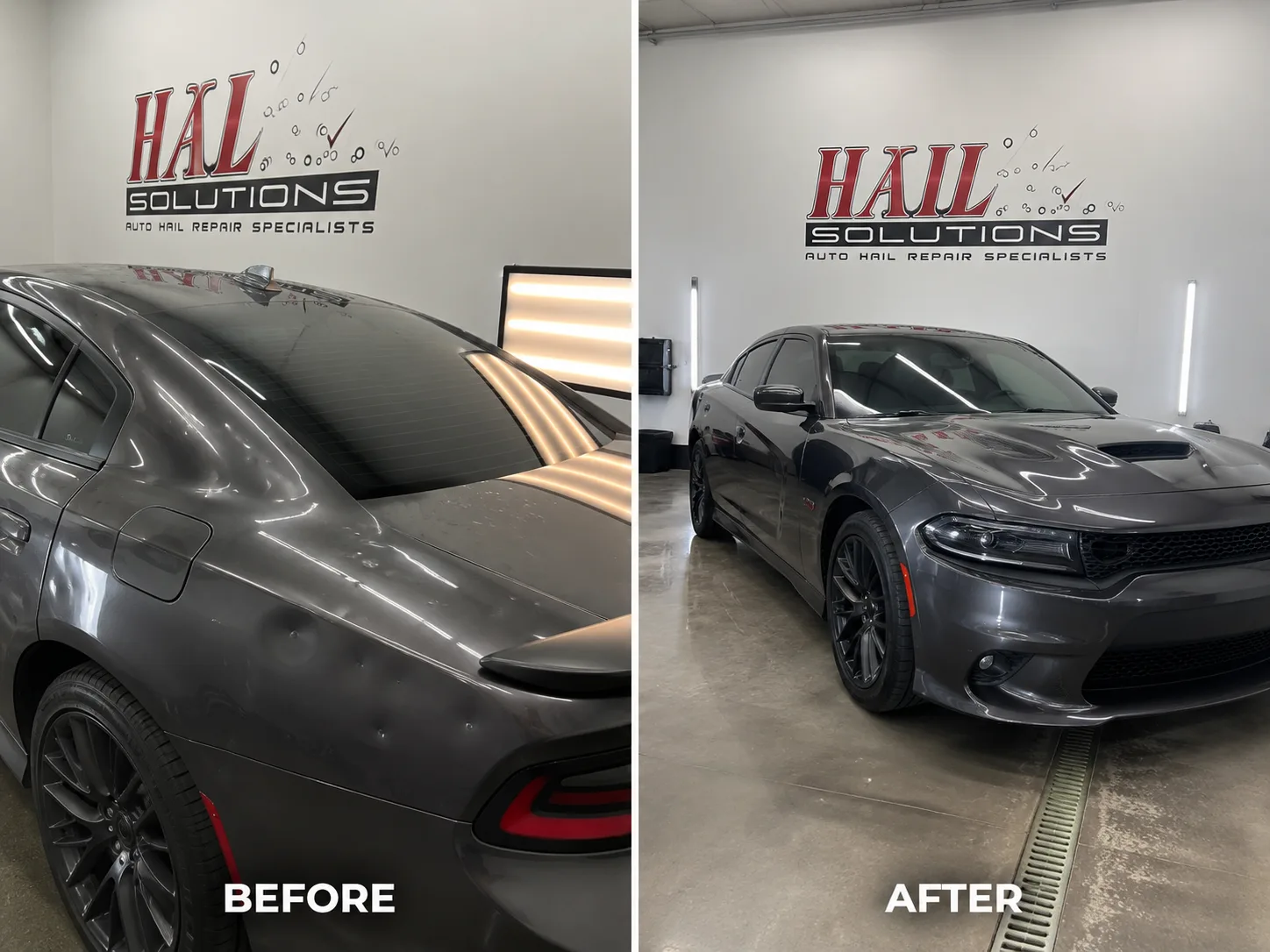 Gray Dodge Charger hood pocked with hail dents, before and after paintless dent repair for a Shawnee, KS driver