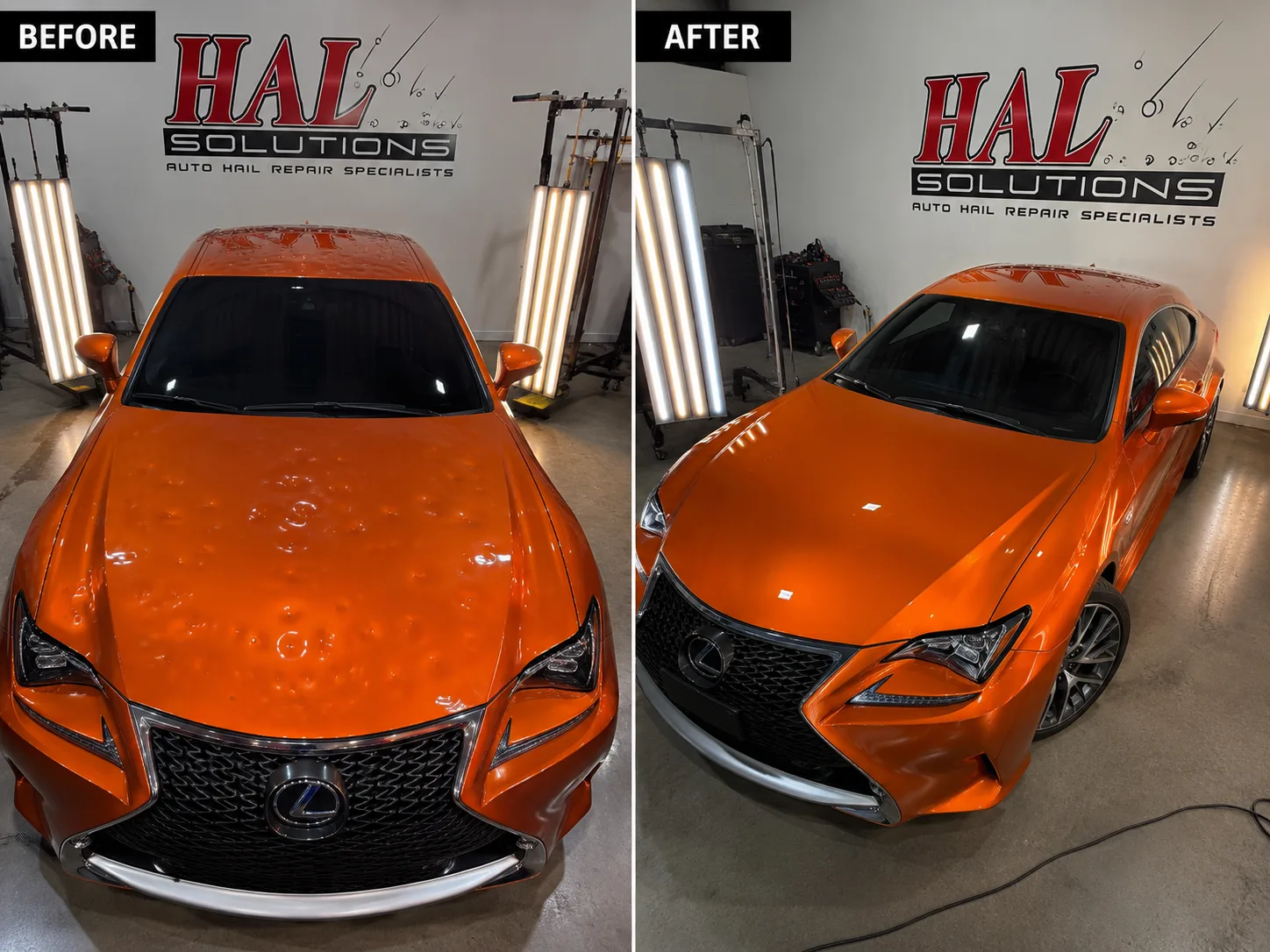 Orange Lexus RC with hail dents across the hood and roof, before and after paintless dent repair for a Platte City, MO driver