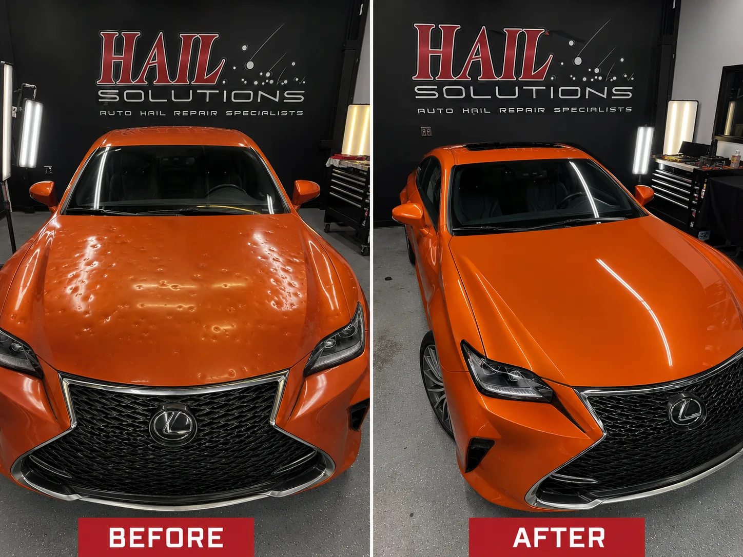 Orange Lexus RC F with hail dents across the hood and roof, before and after paintless dent repair for a Lenexa, KS driver