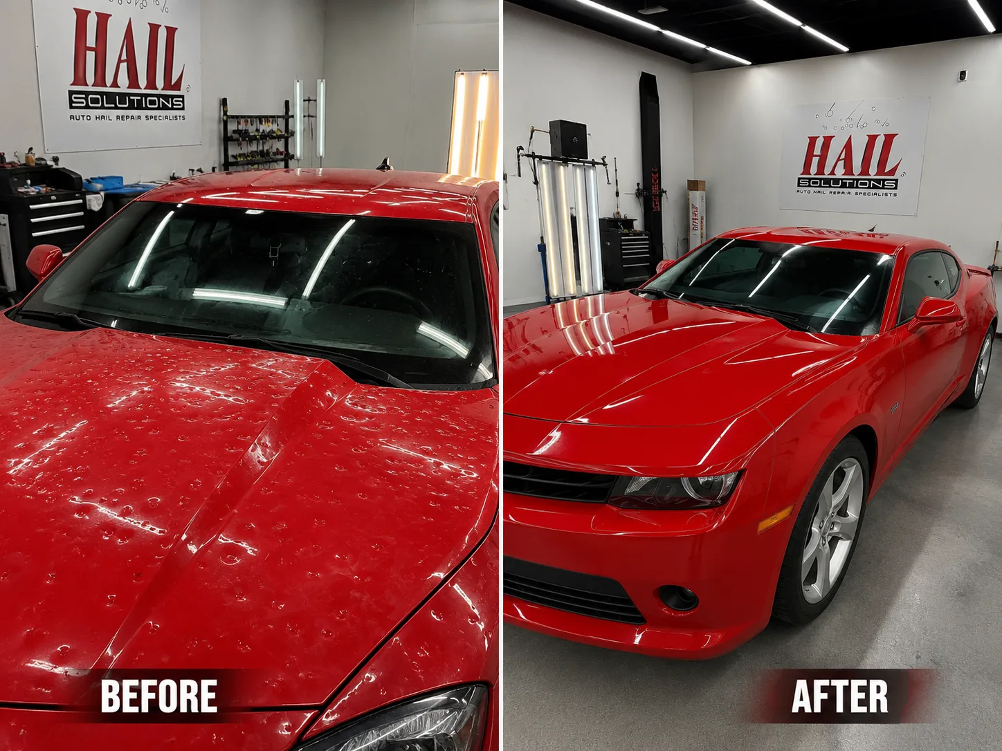 Red Chevrolet Camaro with hail dents across the hood and roof, before and after paintless dent repair for a Louisburg, KS driver