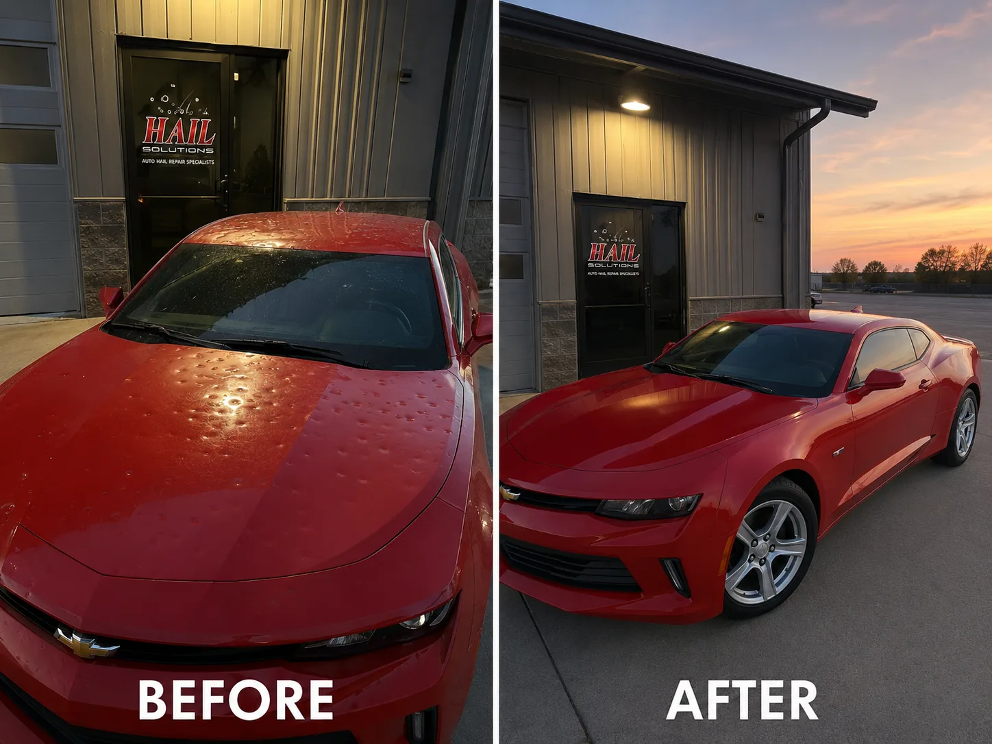 Red Chevrolet Camaro hood pocked with hail dents, before and after paintless dent repair, restored at our Olathe shop