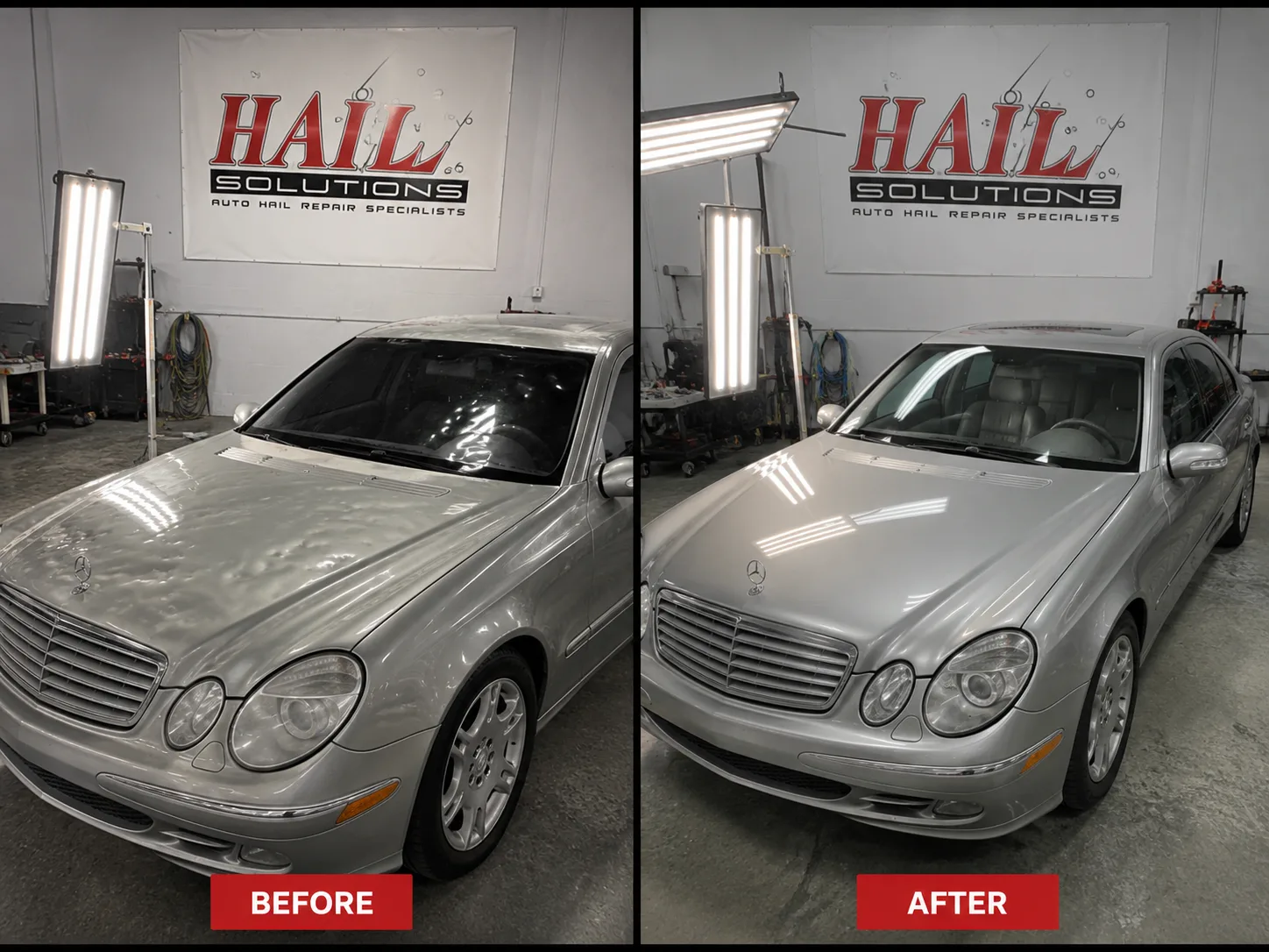 Silver Mercedes E-Class with a hail-dimpled roof, before and after paintless dent repair for a Prairie Village, KS driver