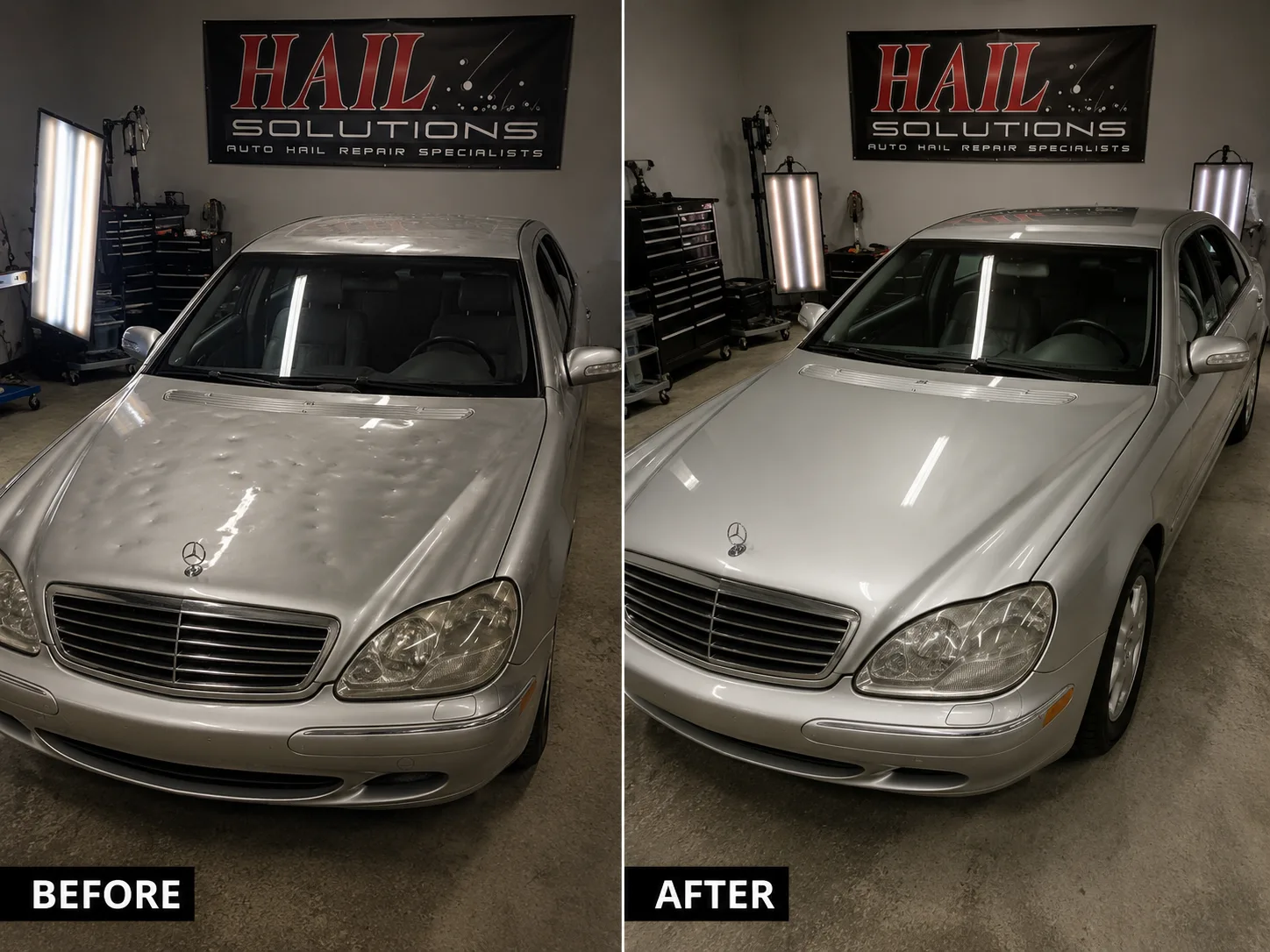 Silver Mercedes S-Class with a hail-dimpled roof and hood restored at our Olathe shop