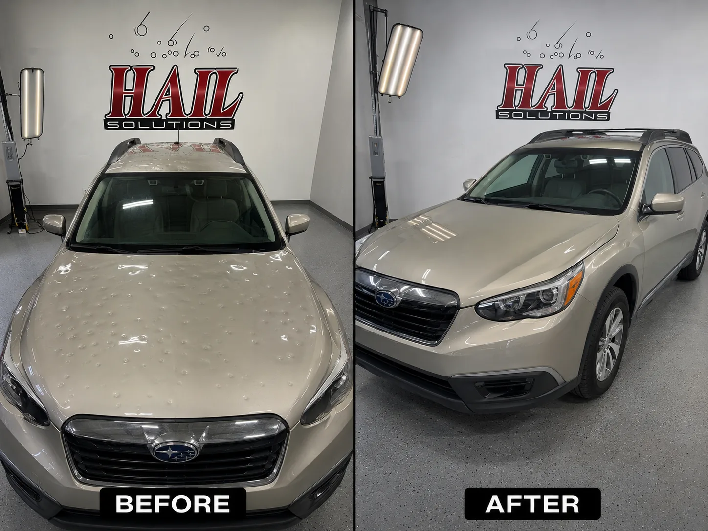 Tan Subaru Outback with hail dents across the roof and hood, before and after paintless dent repair for a De Soto, KS driver