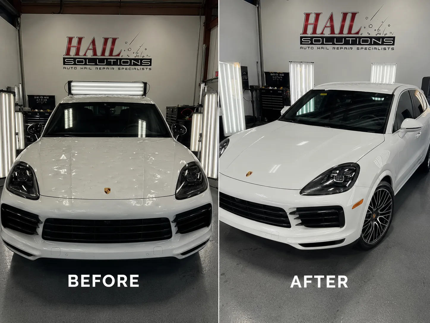 White Porsche Cayenne with hail dents smoothed out by paintless dent repair for an Excelsior Springs, MO driver
