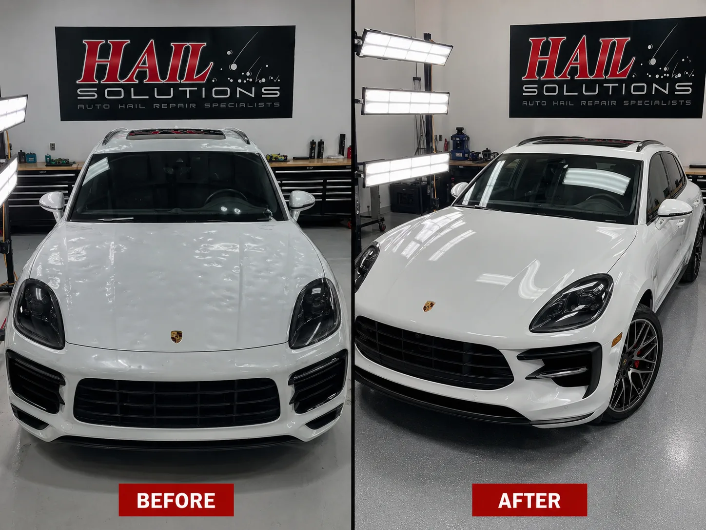 White Porsche Macan with hail dents smoothed out by paintless dent repair, restored at our Olathe shop