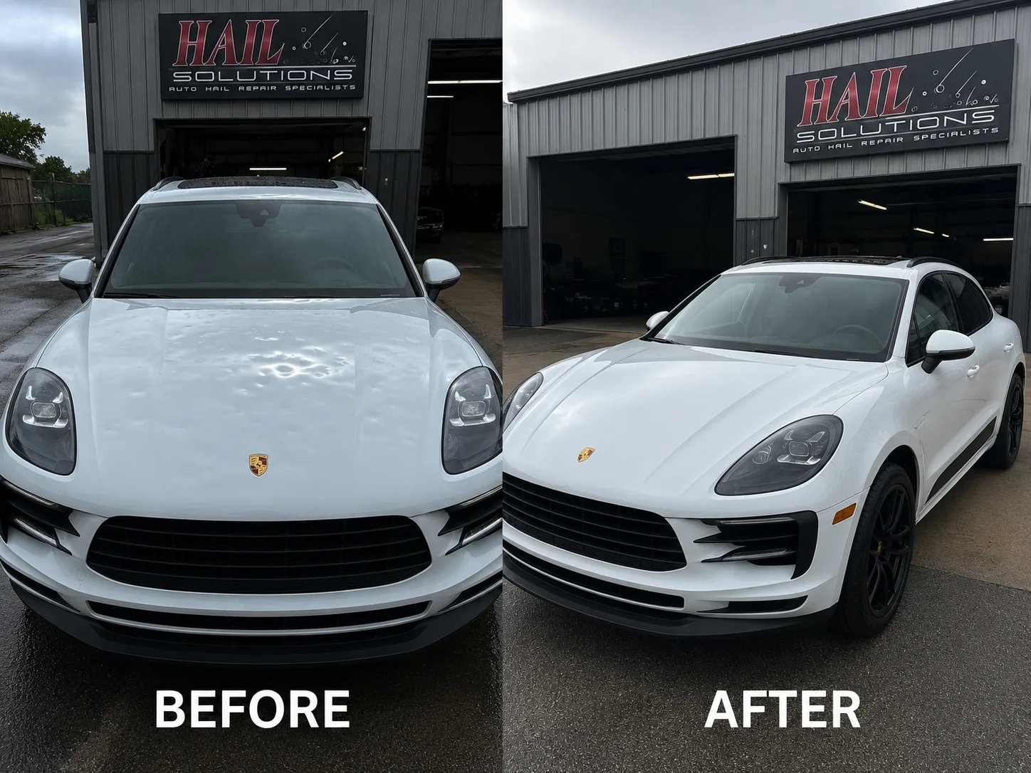 White Porsche Macan with outdoor hail damage smoothed out by paintless dent repair, restored at our Olathe shop