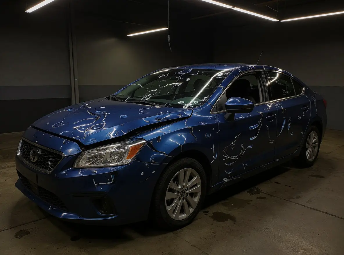 Heavily hail-dented vehicle being assessed against the total-loss threshold before paintless dent repair in Olathe, KS