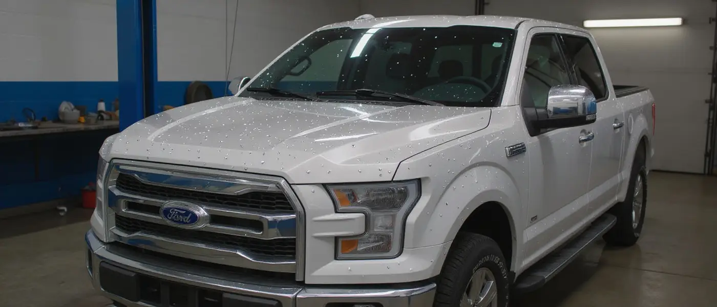White Ford F-150 with aluminum panels dented by hail, ready for paintless dent repair in Olathe, KS