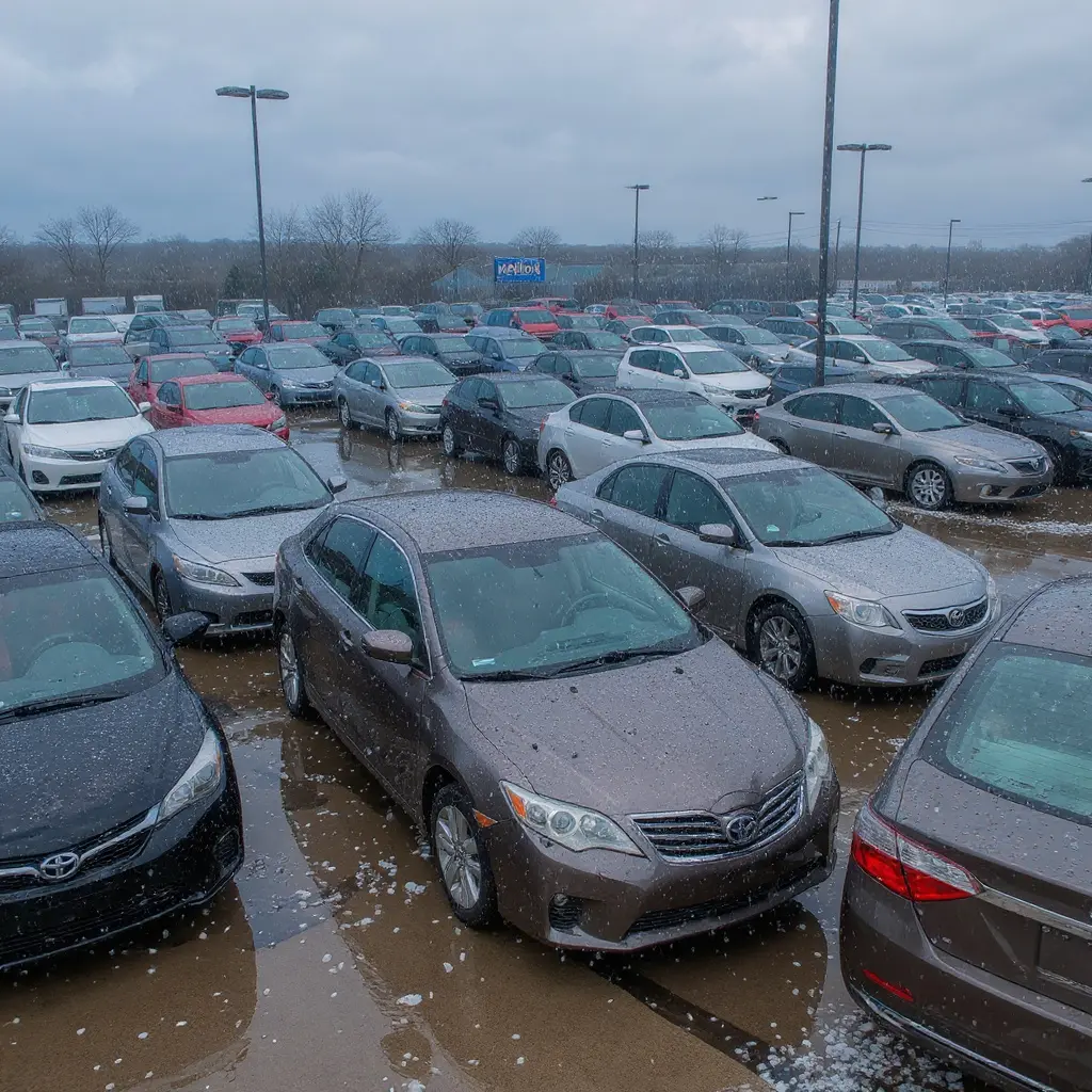 A dealer lot full of vehicles caught in a Kansas City hailstorm